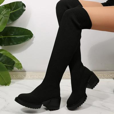Botas de Punto Elástico de Moda Tallas Grandes Hasta la Rodilla para Mujer sin Cordones Tacón Grueso Botas Largas Mujer 2025 Primavera Otoño Botas Altas hasta el Muslo