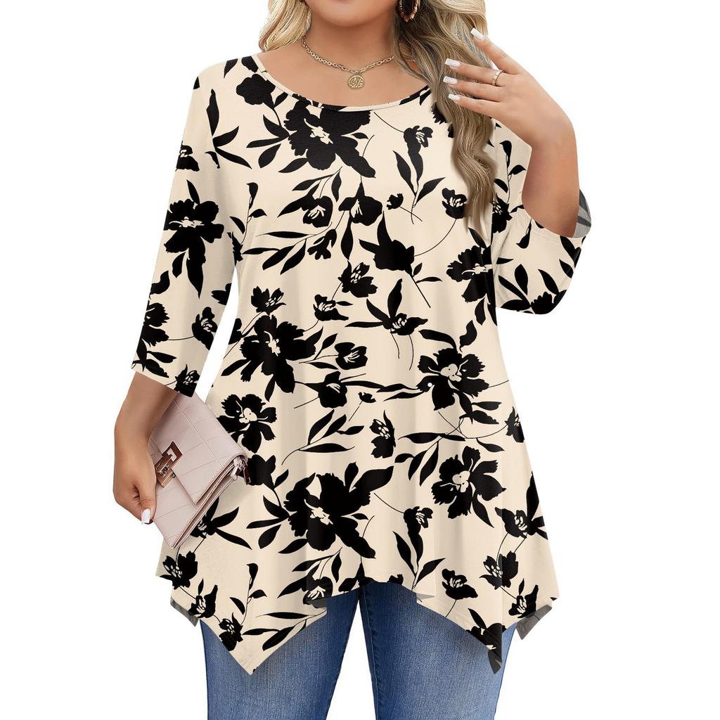 Womens Plus Size 3/4 Sleeve Shirts  Round Neck Tunic Tops Basic Loose Fit Tee Tops L-5XL