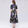 Elegant Gorgeous Flower Print Shirt Dress Women Summer Short Sleeve Collar Midi Dress with Sash Belt Vintage Style Party Wear