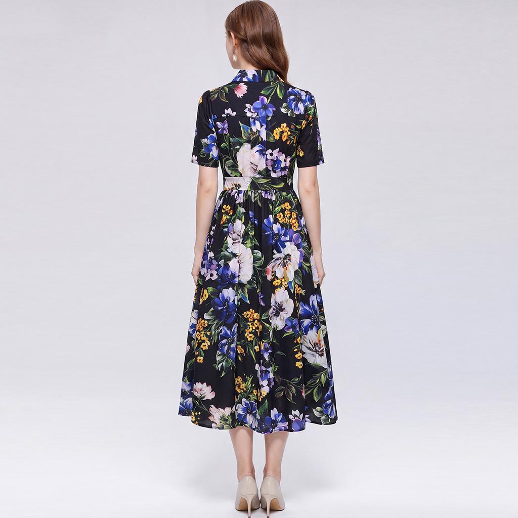 Elegant Gorgeous Flower Print Shirt Dress Women Summer Short Sleeve Collar Midi Dress with Sash Belt Vintage Style Party Wear