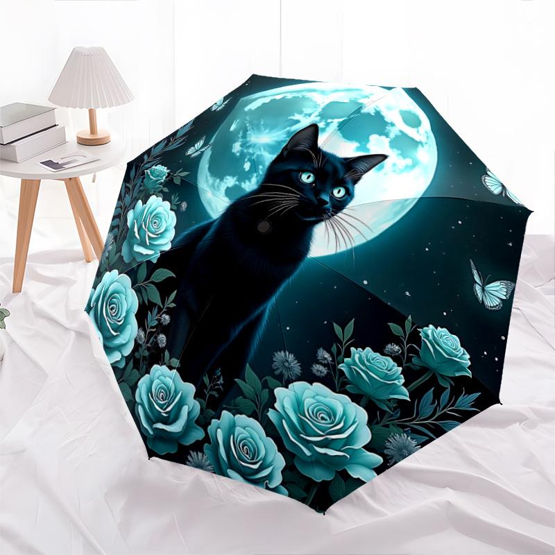 1pc Blue Rose & Butterfly Moonlit Night Automatic Folding Umbrella, 8 Bone Iron Frame, Portable Design for Outdoor Use, Perfect Gift for Fans, Tr