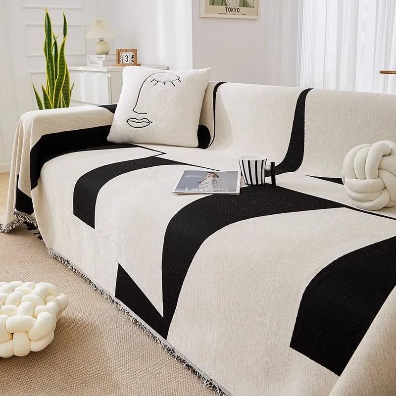 Schwarze Linien Chenille Sofabezug Stoff Sofadecke Universal Couch Handtuchbezug Staubdicht Sofakissenbezug