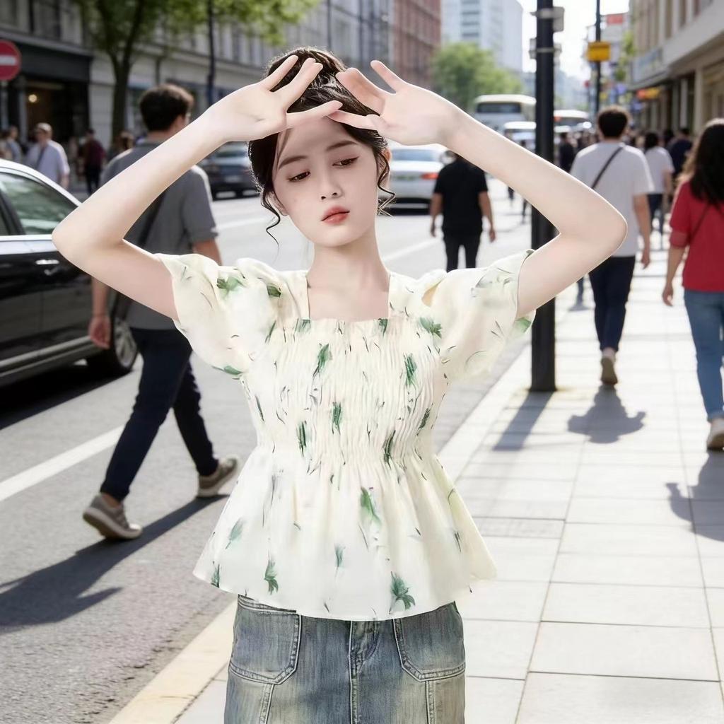 Summer short Spice Girl square collar coffee break light color new flared sleeves thin pullover French casual short-sleeved top women