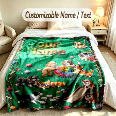 Dog Theme Soft Blanket Personalized Custom Name Text Print Warm Blanket Home Sofa Bedroom Decor