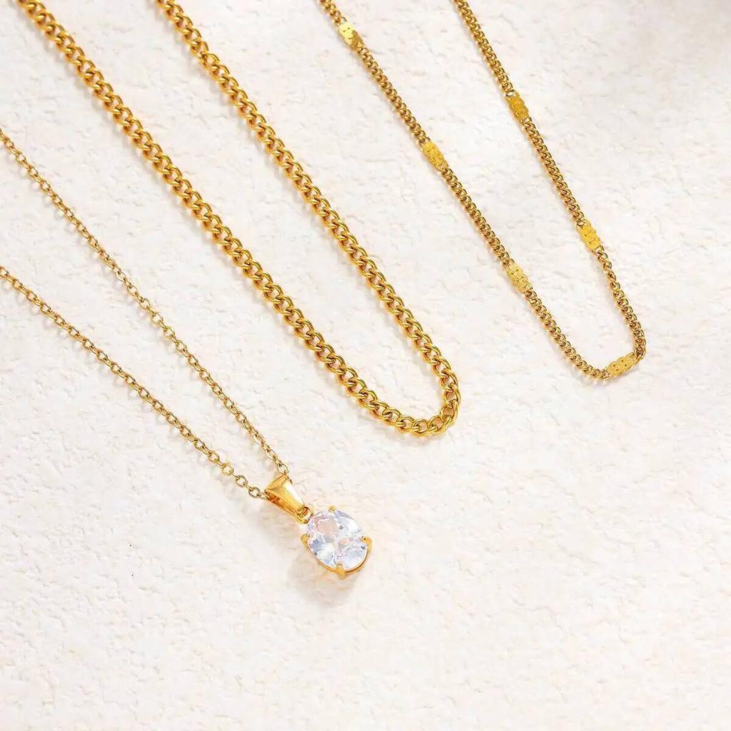 IngeSight.Z 3Pcs/Set Simple Trend 18K Gold Plated Stainless Steel Glass Zircon Pendant Necklace Stackable Neck Accessory Jewelry