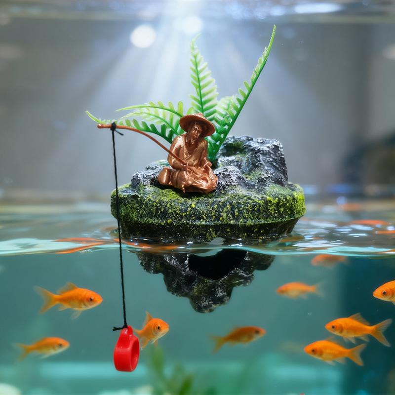 Mini Resin Fishing Man Aquarium Statue Creative Floating Island Artificial Landscape Ornament for Small Fish Tank Decor