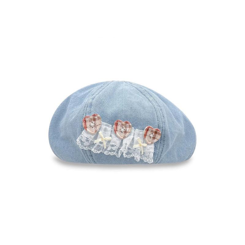 Niche Designer Beret With Lace Trim And Heart-Shaped Buttons, Beret Women, Spring/Summer Artist Hat