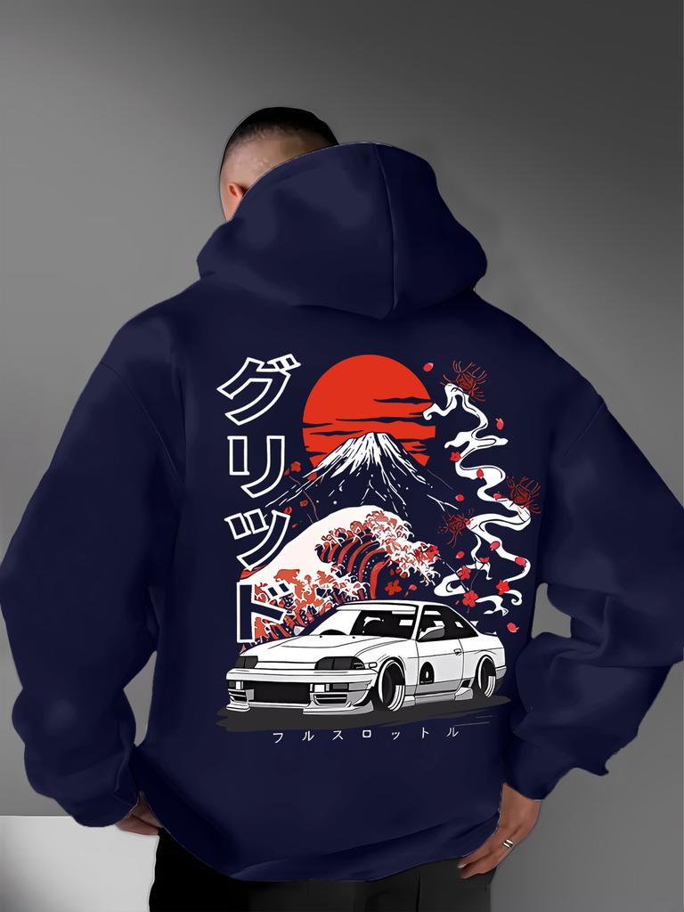 Men'S Casual Japanese-Inspired Mountain & Car Graphic Hoodie - Long Sleeve Pullover with Red Sun, Cherry Blossoms