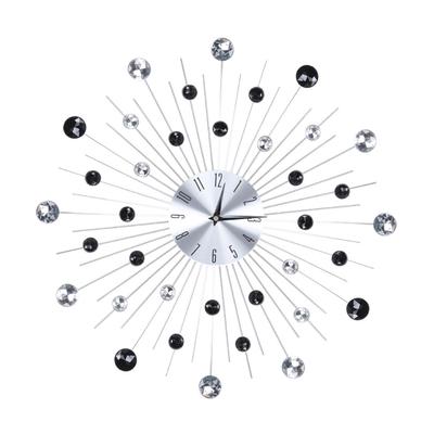 Sparkling Bling Metallic Silver Wall Clock for Living Room Office(Silver+Black Rhinestone)