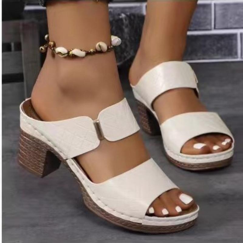 New large-size open-toed high-heeled slippers women's new thick-heeled embossed fashion cool slippers