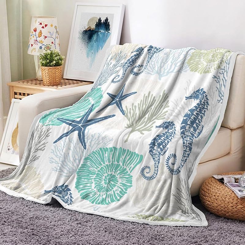 Beach Ocean Throw Blanket, Nautical Coastal Throw Blanket, Summer Blue and Teal Soft Fuzzy Blanket, Ocean Animal Theme Decor for Couch Bed Sofa