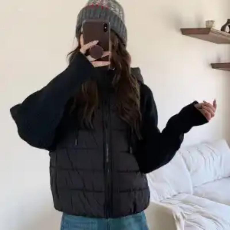 Zippered Long-sleeved Cardigan Knitted Fake Two-piece Cotton Coat Women's Hooded Fashionable Autumn and Winter Coat