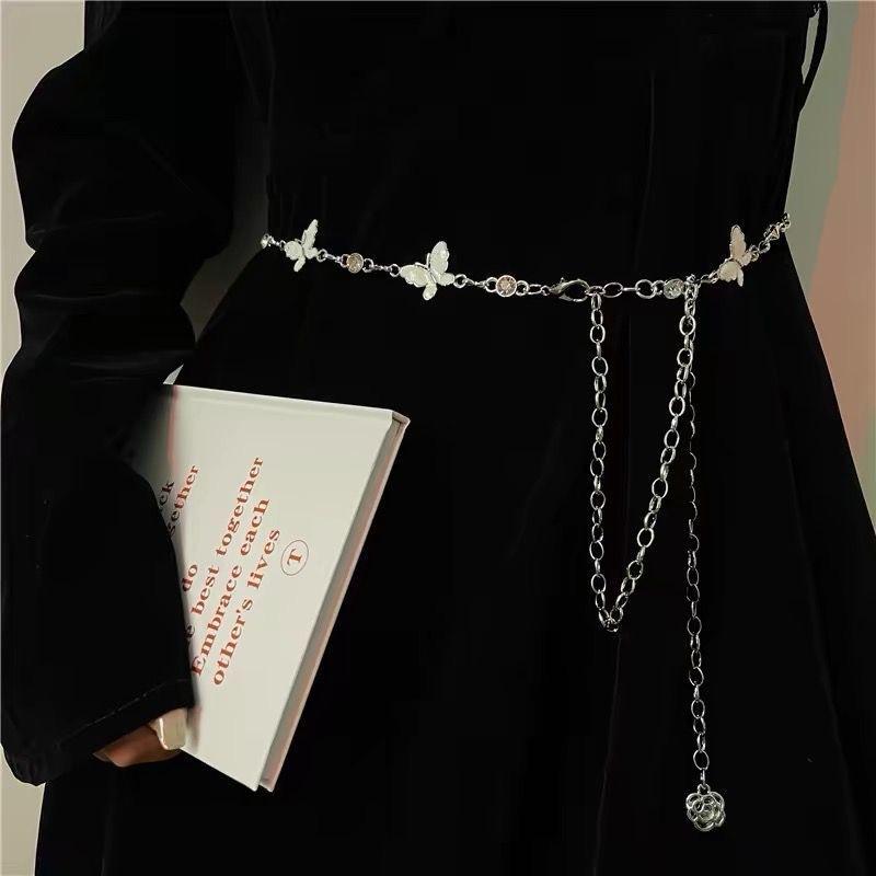 Small Fragrant Style Butterfly Diamond-inlaid Waist Chain Women's Metal Adjustable Belt Decorative Dress High-end Flower Pendant