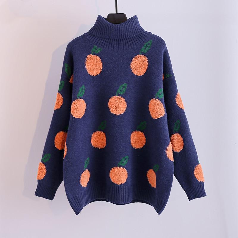 Autumn and Winter New Casual Loose Orange Pattern Turtleneck Long-sleeved Knitted Pullover Sweater Women