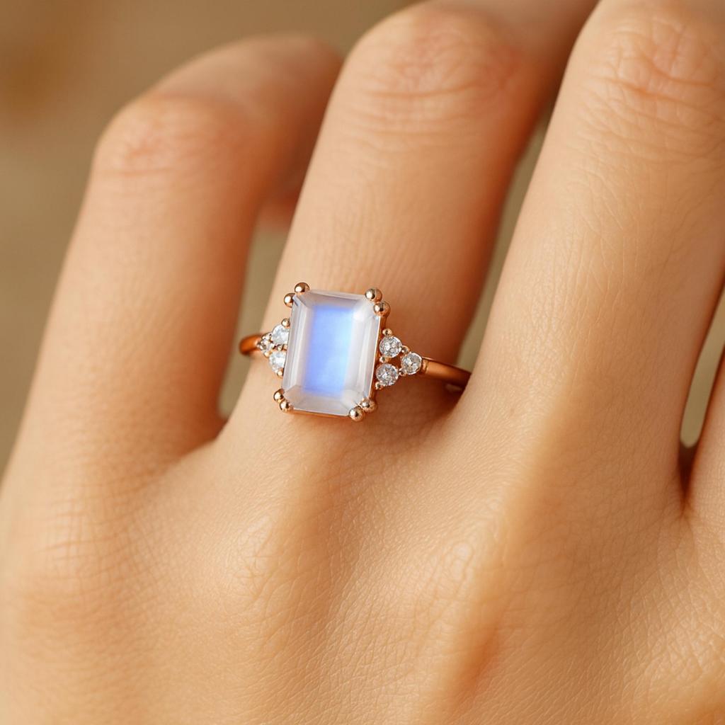 Emerald Cut Moonstone Ring for Women | Rose Gold Plated 925 Sterling Silver Ring with Cubic Zirconia | Wedding, Engagement, Anniversary Gift