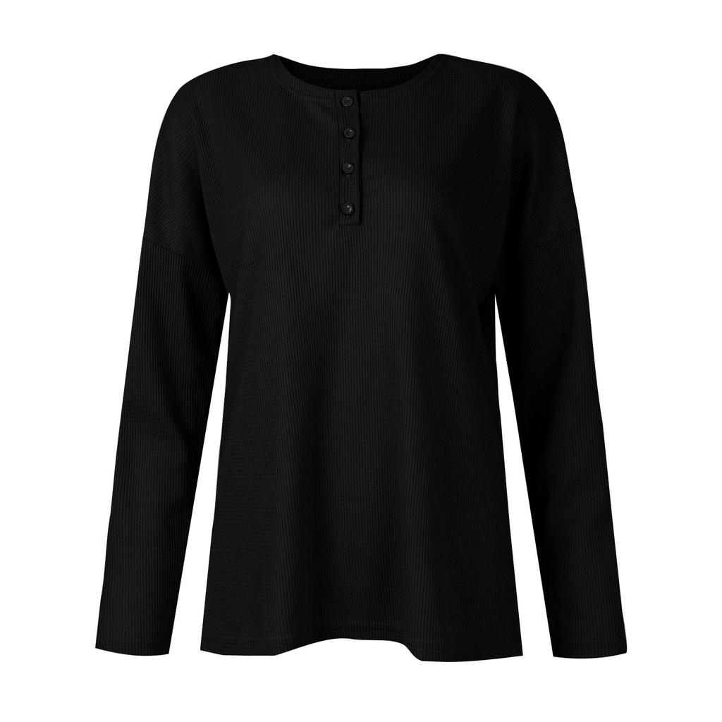 Moteriškas mados kasdienis V formos iškirptės sagomis ilgomis rankovėmis vienspalvis laisvas topas