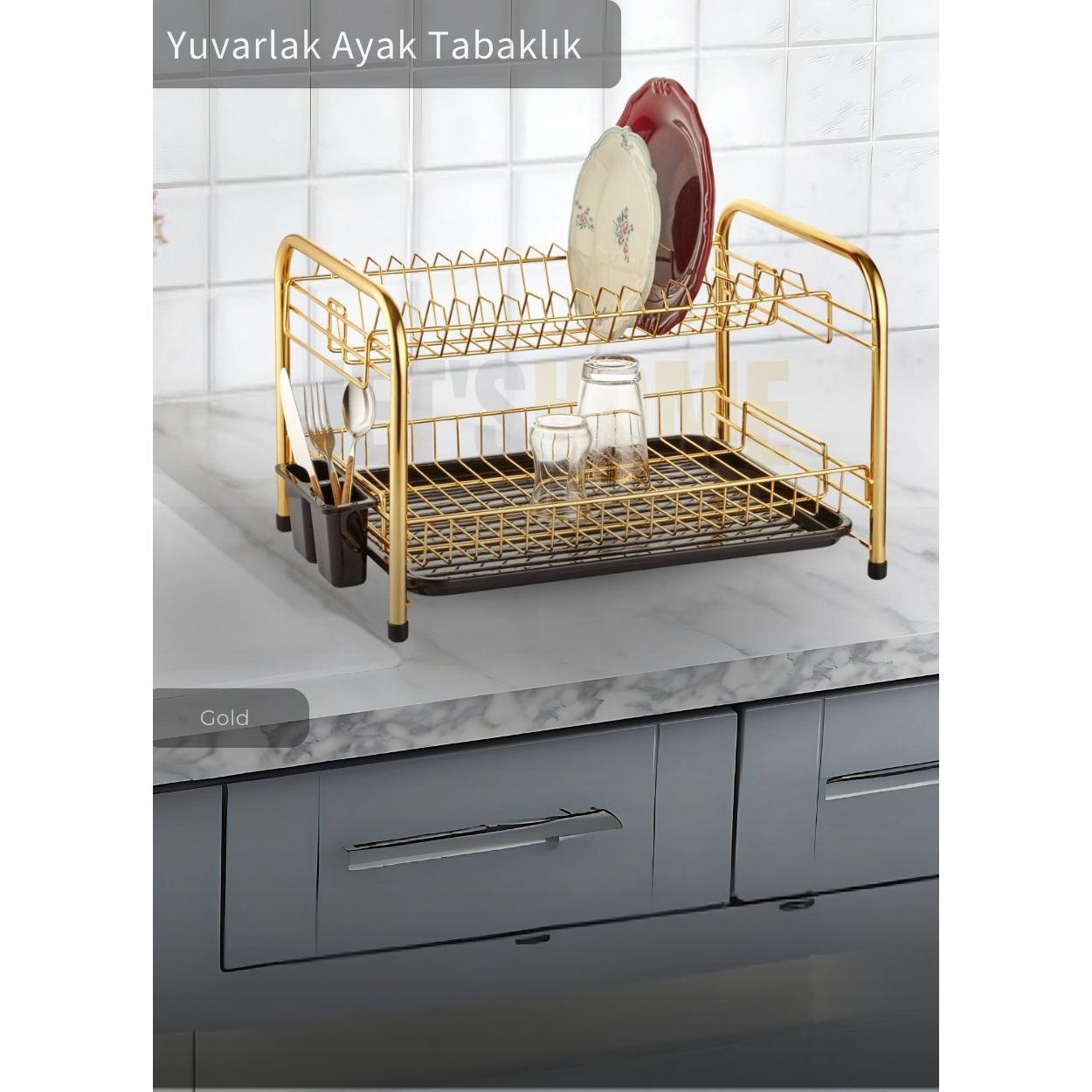 

2 Tier Dish Rack Countertop Plate Rack BPA FREE Dish Basket Round Foot Gold