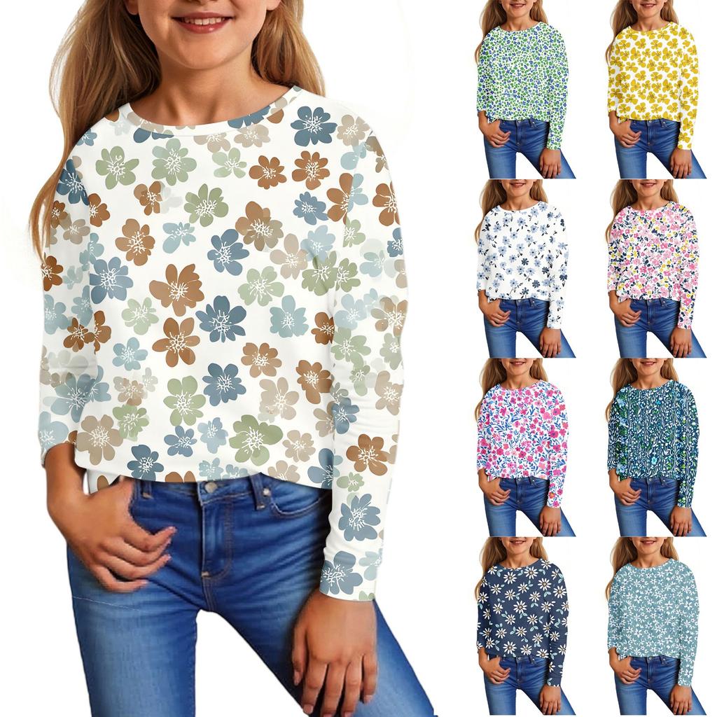 Children's Long Sleeve Tops Casual Print T Shirt Round Neck Pullover Blouse
