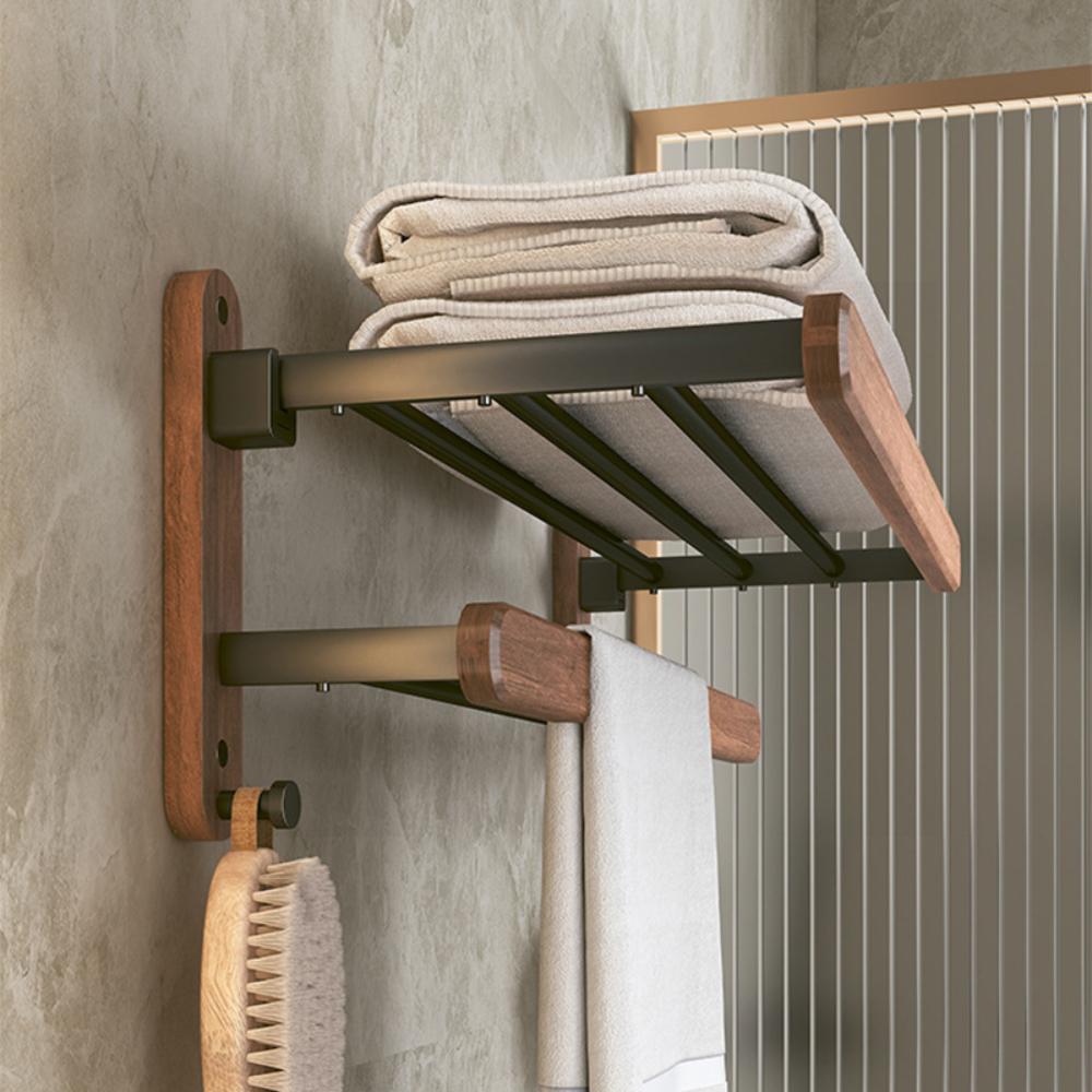 Nordic Solid Wood Light Luxury Towel Rack Bathroom Towel Shelf  Perforated Wall Mounted Towel Shelves Bathroom Accessories