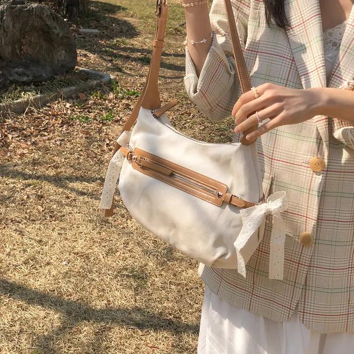Belted ribbon bag_canvas caramel