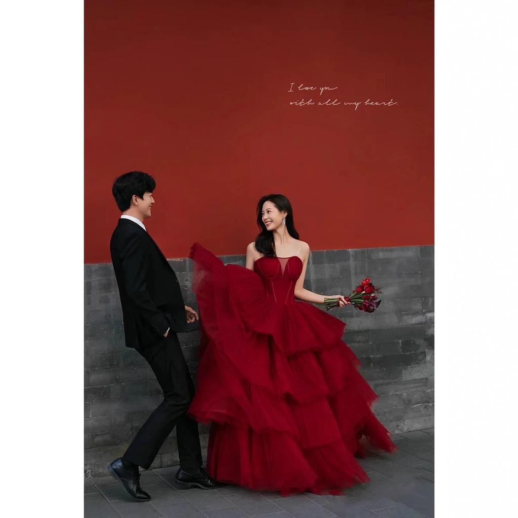 Light Wedding Dress Cake Skirt Tutu Skirt New Colored Yarn Clothing Travel Photography Street Photography Art Photo Red