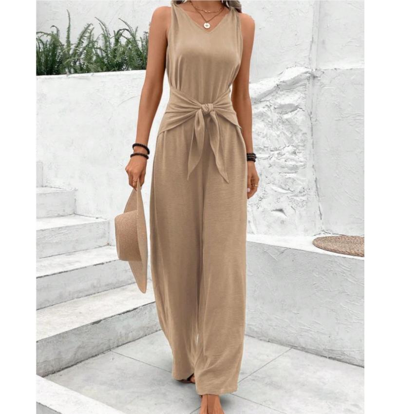 Fashion Solid Jumpsuit For Women Casual Sleeveless V Neck Lace-Up Wide Leg Pants Jumpsuits Lady Summer Holiday Womens Clothing