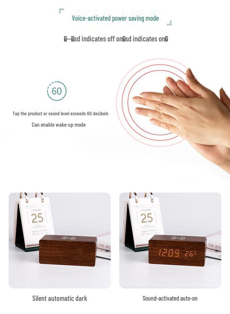 Wireless LED Wood Clock: Digital Alarm with Thermometer, Calendar & Charging Function
