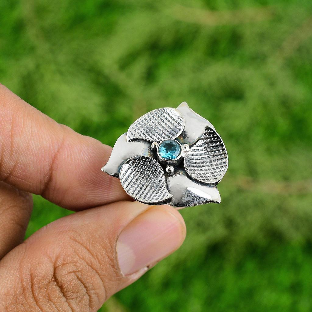 Natural Swiss Blue Topaz Gemstone Stackable Flower Adjustable Ring 925 Silver