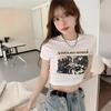 Korean Cartoon Print Slim Fit Short Sleeve T-Shirt for Women - Age-Reducing Petite Top