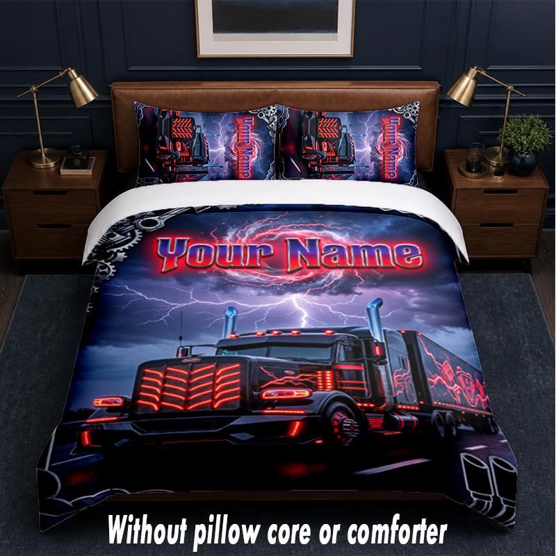 Truck Theme Custom Text Or Name 3Pcs Bedding Set,1 Flat Sheet & 2 Pillowcases Personalized Home Bedding