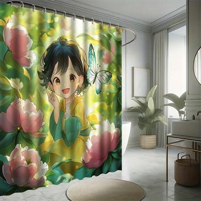 Cartoon Girl Shower Curtain Set, Butterfly & Floral Design, Water-Resistant Polyester, Bathtub Partition, All-Season