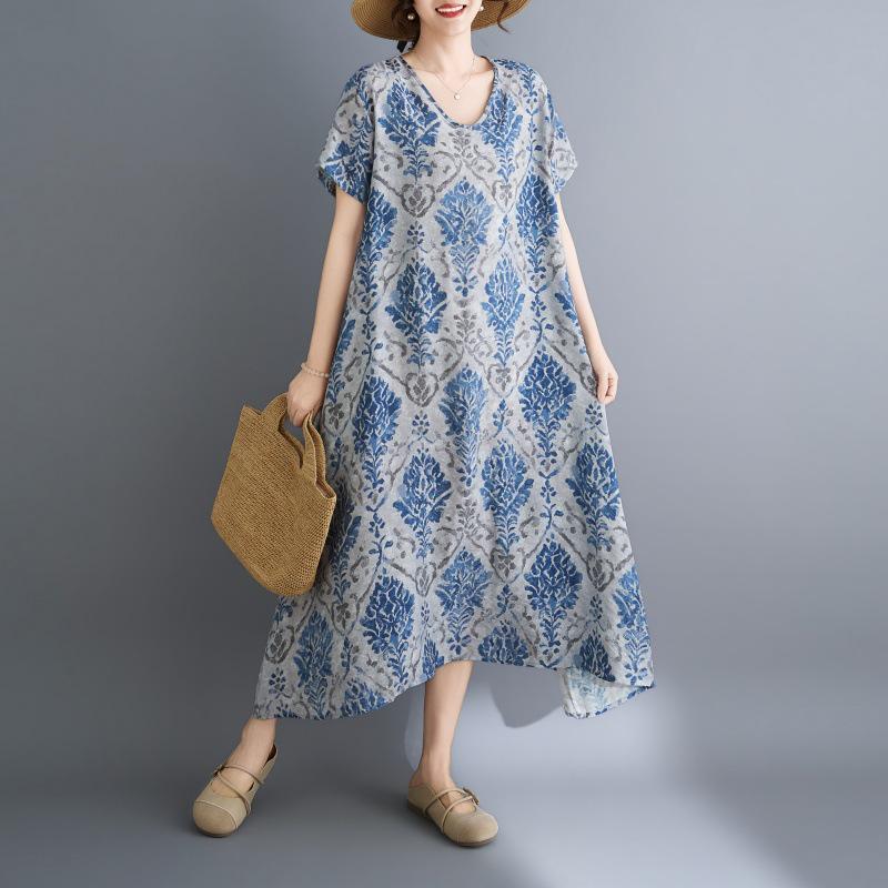 Retro V-Neck Summer Travel Print Cotton Linen Long Dress XL Free Size