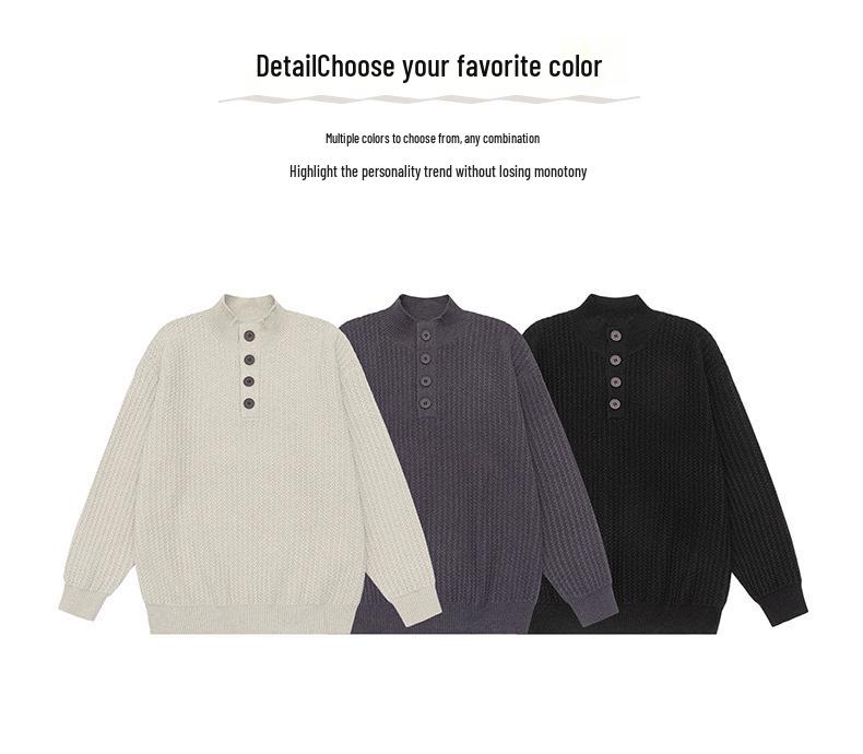 Men's Retro Knit Stand Collar Pullover - New Autumn/Winter Arrival, Versatile, Trendy, Loose Fit Sweater with Buttons