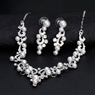 Fashion Alloy Rhinestone Faux Pearl Necklace Earrings Women Bride Jewelry Set