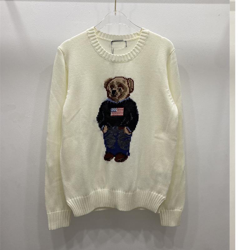 Cartoon Bear Embroidered Jacquard Knit Sweater - Women's Long Sleeve Round Neck
