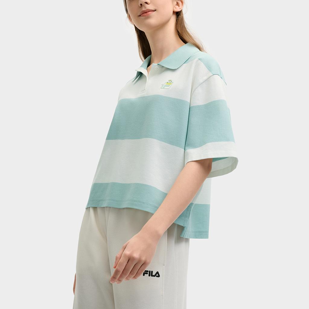 Fila X MAISON KITSUNE Original Fashionable Versatile Loose Striped Short Sleeve Polo Shirt Women Polo Shirts Fruit-Gray-Green F11W529103F-GN