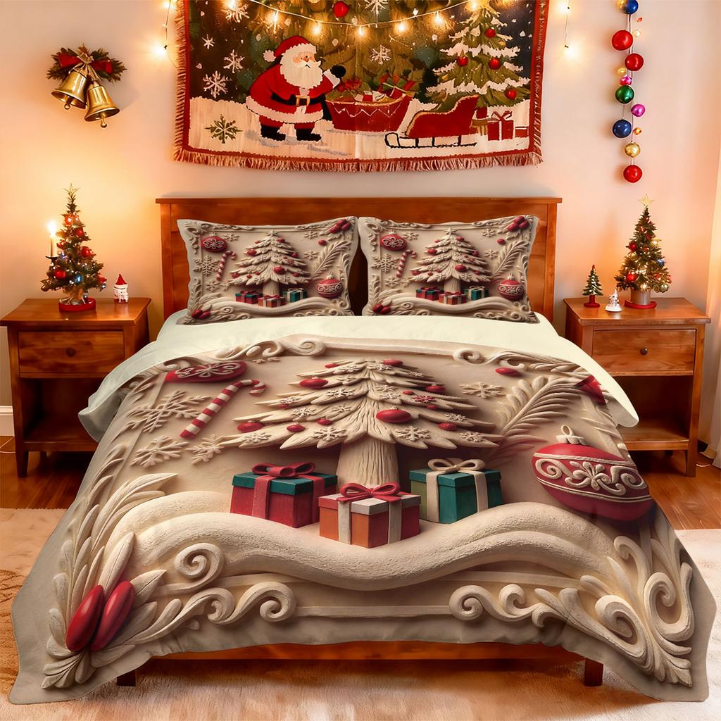 3pcs Merry Christmas Christmas House Print Coreless Down Comforter Set Comfortable Bedroom Dormitory Bedding Holiday Decoration