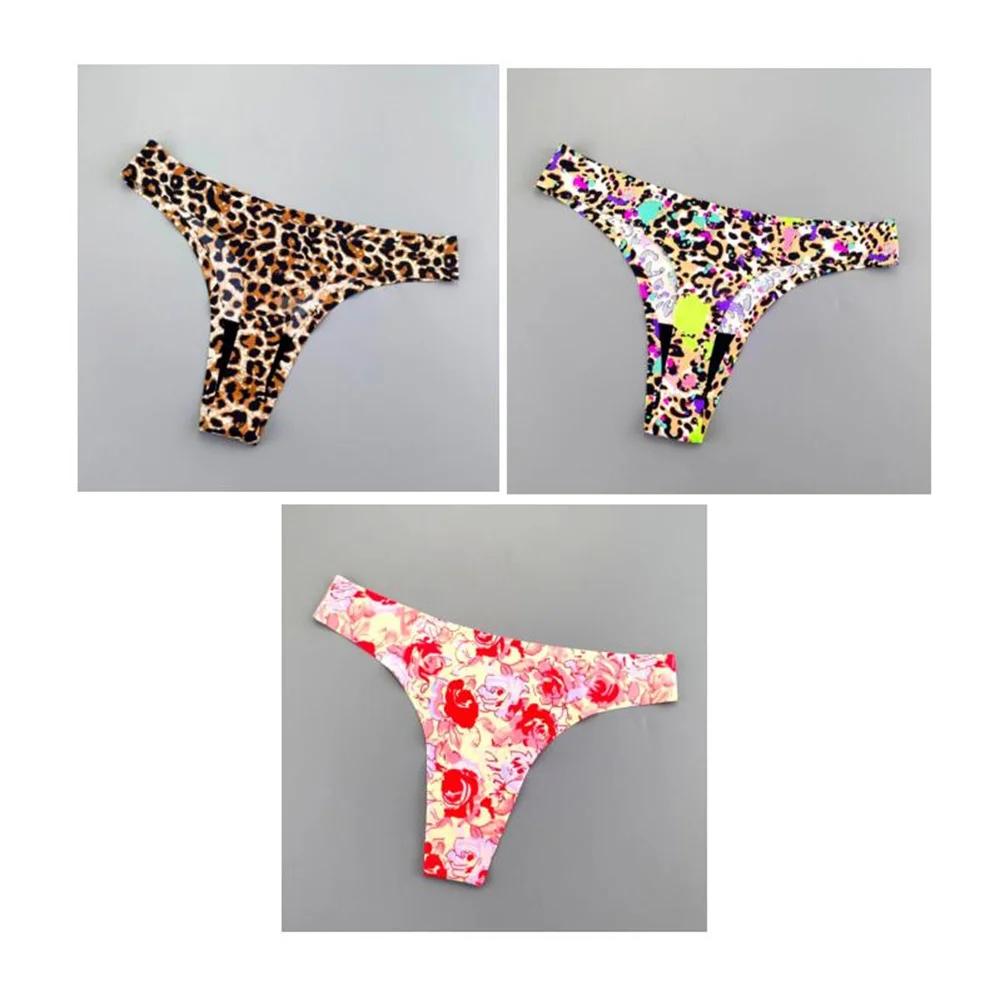 3 Pcs Leopard G String Womens Printed Thongs Ice Silk Seamless One Piece Ladies Sexy G-string Underwear Plus Size
