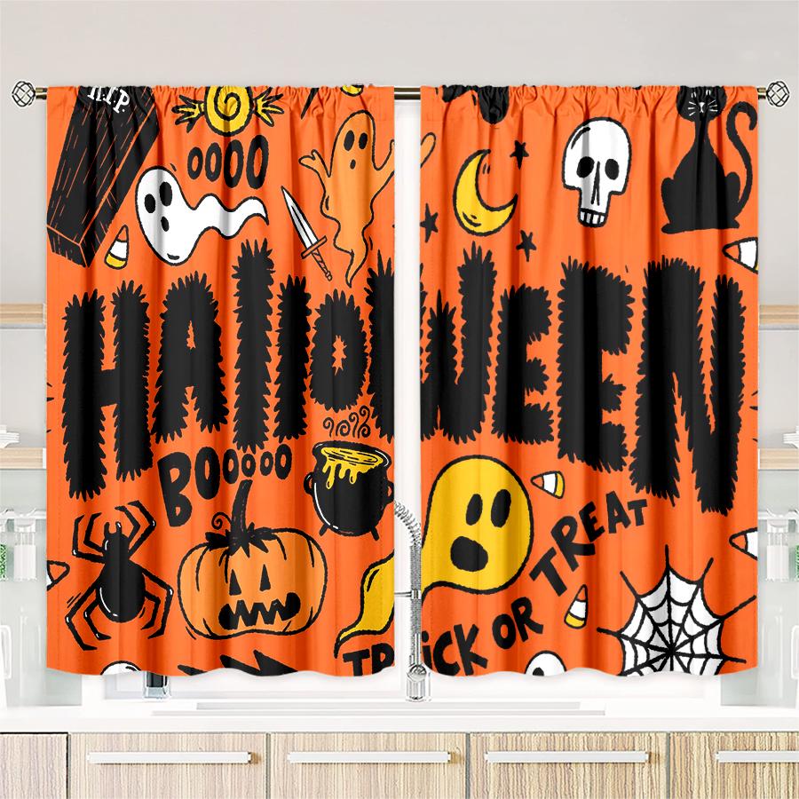 2pcs- Halloween Happy Polyester Curtains, Pole Bag Curtains 42*84, Bedroom Living Room, Home Room Party Decoration