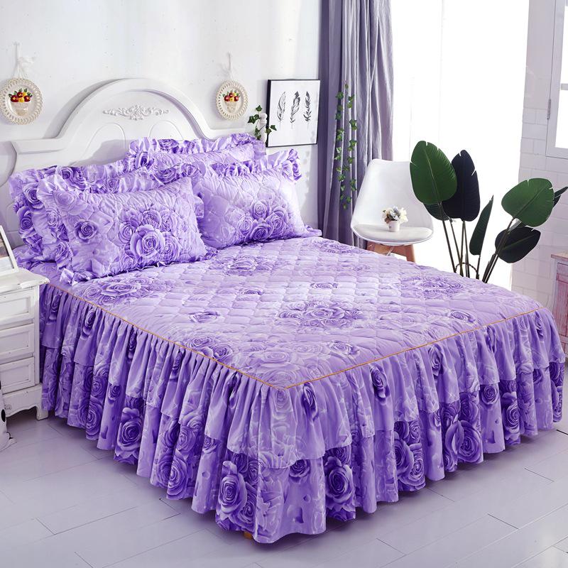 3pcs Bed Skirt Set Solid Color Quilted Thickened Lace Decoration Includes 1 Bed Skirt + 2 Pillowcases Suitable for Home And Hotel
