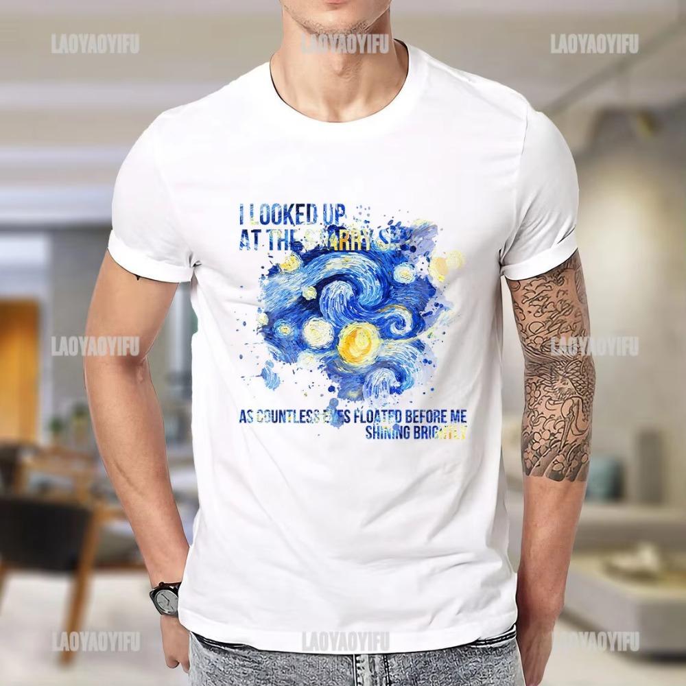ClassicVintage Men T Shirt Vincent Van Gogh The Starry Night with Middle Earth Sauron Tower Printed Woman Tshirt Streetwear