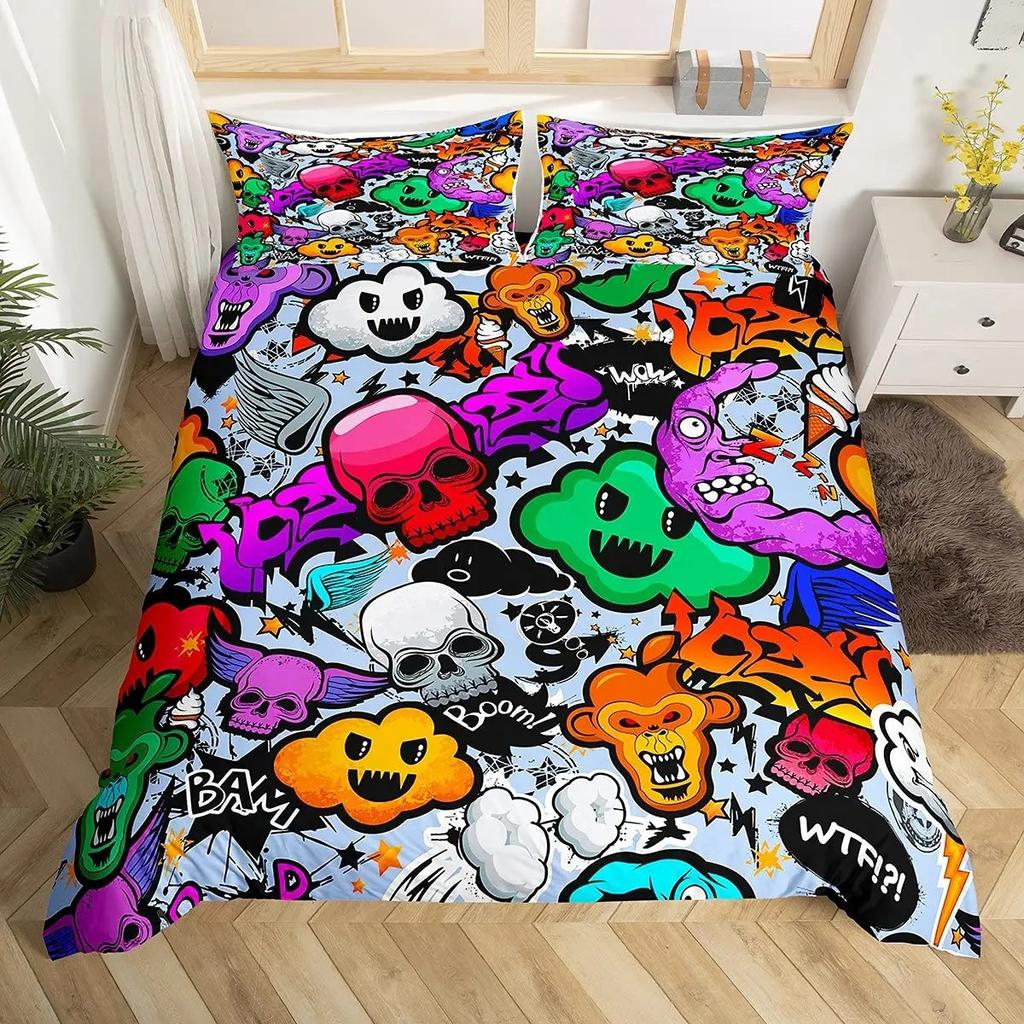 Hip Hop Bettbezug King Queen Size Farbe Street Culture Wand Graffiti Kunst Rockmusik Sport Polyester Bettwäsche Set für Kind Teenager