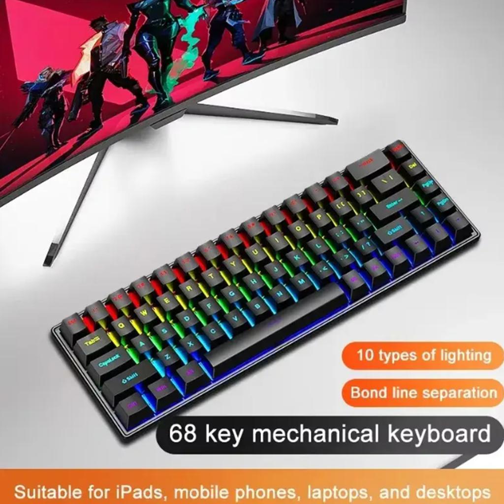 2025 new 68-key game mechanical keyboard mini 65% compact RGB backlit ergonomic wired film keyboard, suitable for laptop desktop