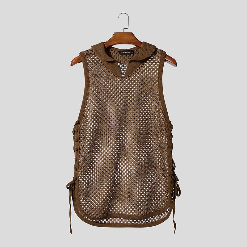 

INCERUN MenSleeveless Side Bandage Mesh See Through Party Beach Tank Tops XL