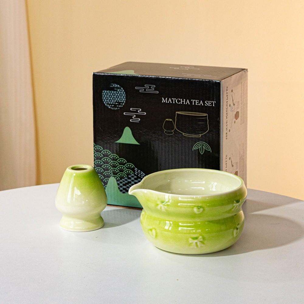New Ceramic Matcha Bowl Gradient Color with Pouring Spout Matcha Whisk Holder Bowknot Reusable Matcha Making Kit Tea Lovers