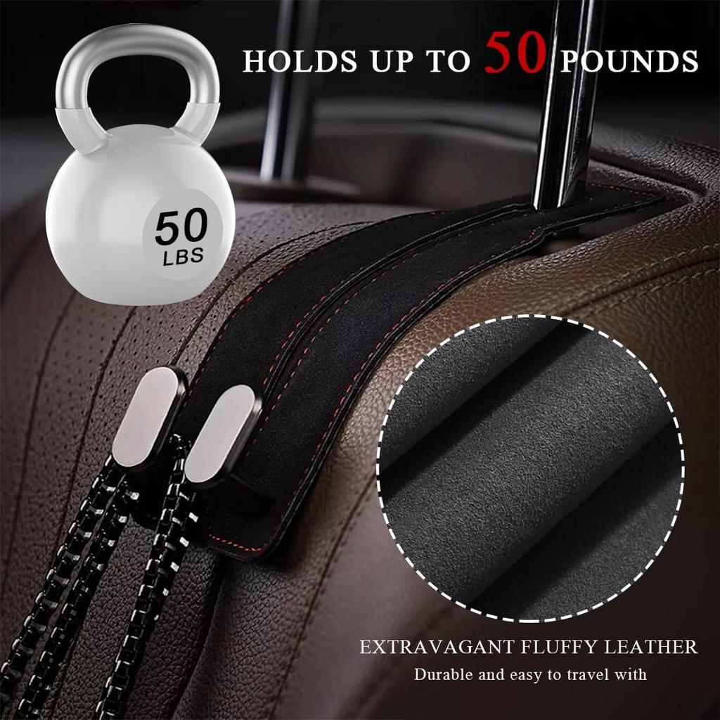 2 PCS Car Seat Headrest Hook, Back Seat Hanger with Double Flexible Leather Hooks, Soft Leather Double Headrest Metal Hooks Purse Handbag Organizer,