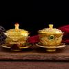 Brass Tea Set: Three-Piece Set with Tea Lid Bowl, Five Bulls Lid Bowl, Hundred Blessings Lid Bowl, Dragon & Phoenix Embossed Tea Bowl