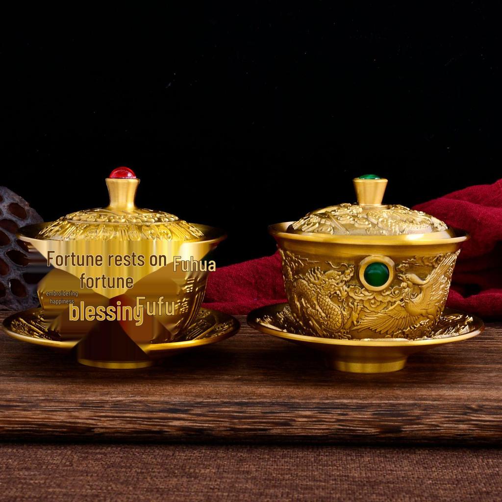 Brass Tea Set: Three-Piece Set with Tea Lid Bowl, Five Bulls Lid Bowl, Hundred Blessings Lid Bowl, Dragon & Phoenix Embossed Tea Bowl