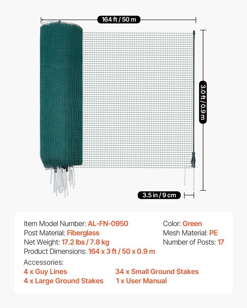 Temporary Fence with Posts, 0.9 x 50m Plastic Mesh Fencing, Garden Safety Fences Netting with Double-Spike Stakes & Guy Ropes, Temporary Fence for