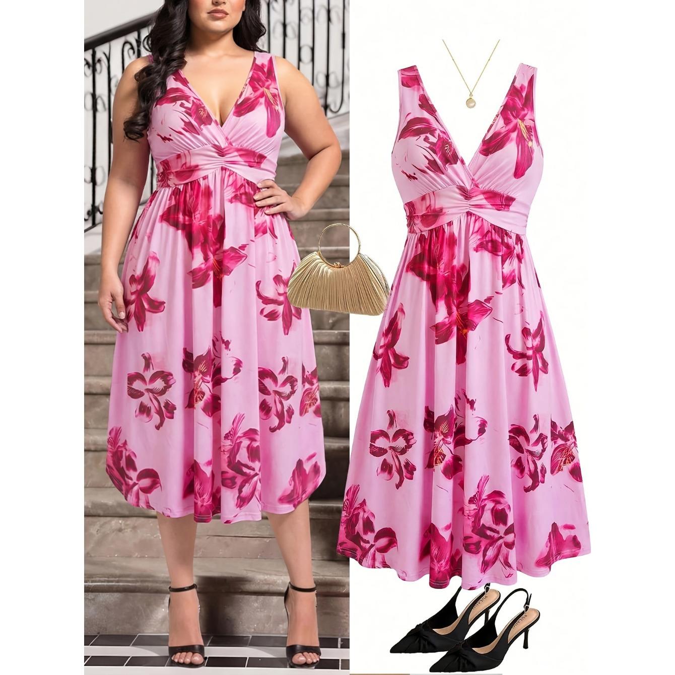

women s Plus Size Leopard Print V Neck Sleeveless High Waist A Line Midi Dress Casual Party Sundress 5XL рожевий